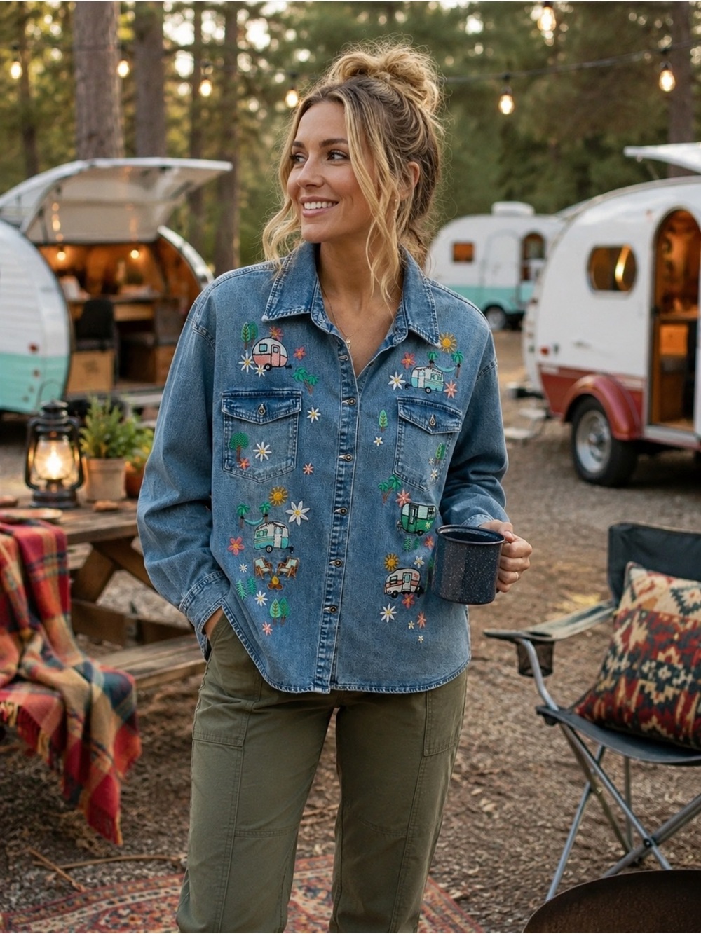 Billy T Denim Vintage Camper Trailer Embroidered Shirt Jacket Large NWT